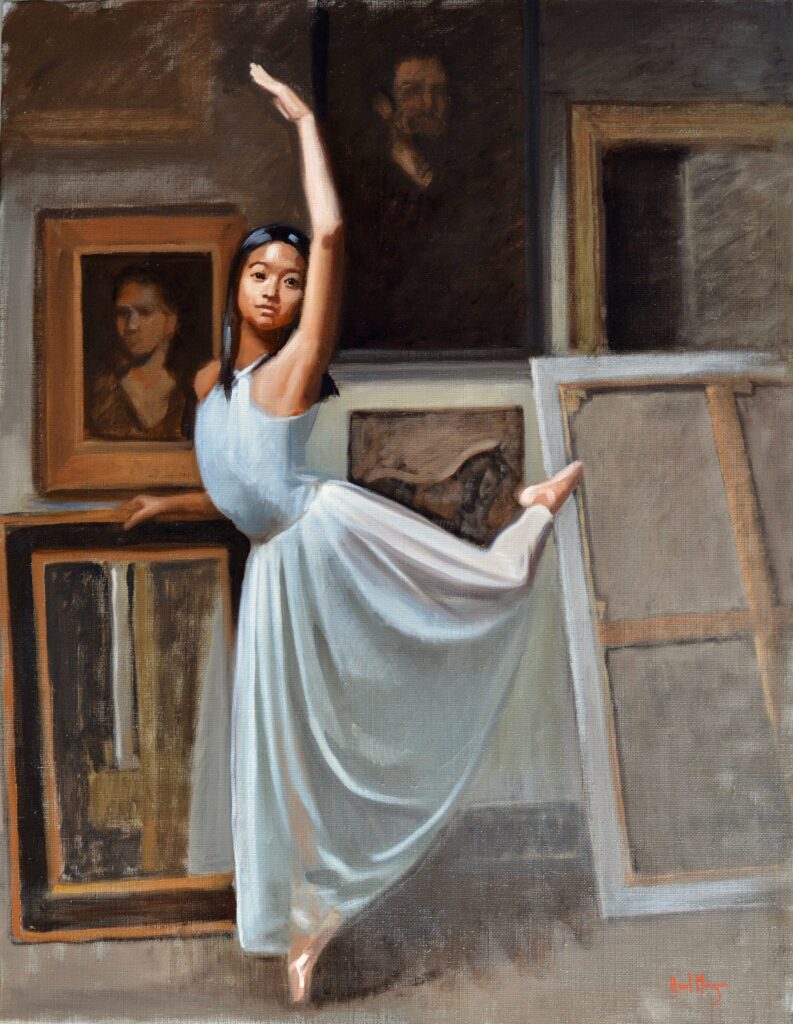 hazel morgan's portrait of nampet - ballet posture arabesque in a white dress